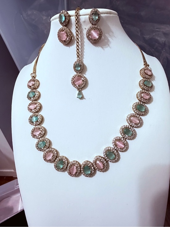 Jewelry - Gold-tone Pink and Mint Oval Crystal Necklace & Earring Set with Monalisa Stone